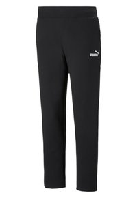 Black athletic pants with an elastic waistband, tapered legs, and a white Puma logo on the left thigh. Smooth fabric texture.