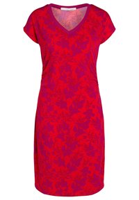 Rode jurk met een bloemendessin in paars. V-hals en korte mouwen. Slanke, rechte pasvorm met subtiele zijsplitsingen aan de zoom.