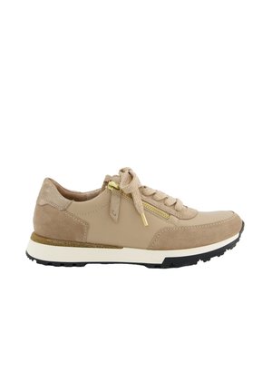 Beige suede and leather sneaker with a textured finish, lace closure, and gold zipper detail. Rubber sole with black accents.