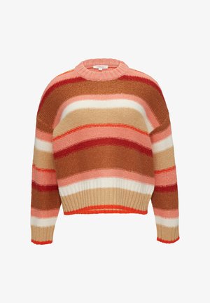 Sweter dzianinowy w poziome paski w odcieniach różu, czerwieni, brązu i kremu; krótki fason oraz ściągacze przy dekolcie i mankietach.