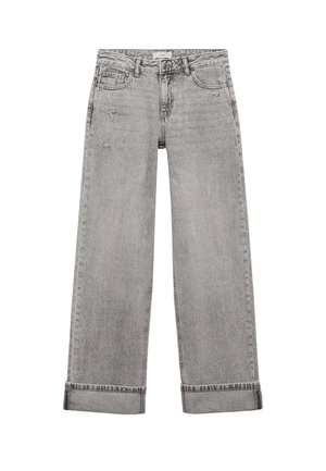 Šedé džíny z denimu s volným střihem, vysokým pasem, rovnými nohavicemi a ohrnutými manžetami. Světle opotřebovaný vzhled dodává texturu.