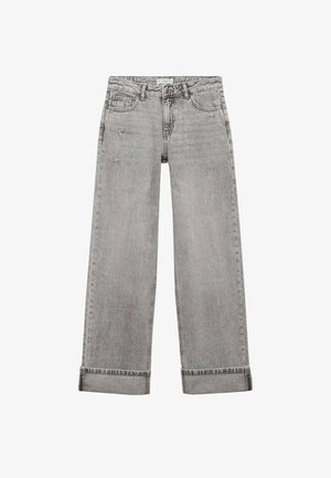 Šedé džíny z denimu s volným střihem, vysokým pasem, rovnými nohavicemi a ohrnutými manžetami. Světle opotřebovaný vzhled dodává texturu.