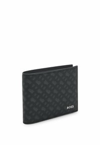 Black leather wallet with embossed geometric pattern, bi-fold design, featuring a silver "BOSS" logo on the bottom right corner.