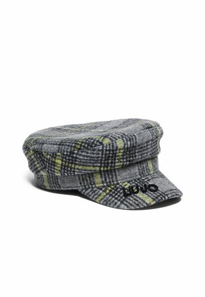 Grå ternet flat kasket med gule linjer og en kort skygge, med sort broderet tekst på skyggekanten forrest.
