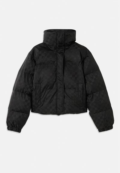 Black cropped puffer jacket, featuring a high neck, zip closure, and elastic cuffs. The material has a subtle embossed pattern throughout.