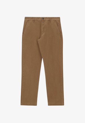 Braune Hose mit geradem Bein, Gürtelschlaufen, Seitentaschen, Knopfverschluss und abgestepptem Saum auf weißem Hintergrund.