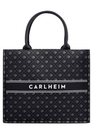 Sort rektangulær mulepose med struktureret mønster, korte håndtag og "CARLHEIM" tekst i hvid på en horisontal stribe tværs over midten.