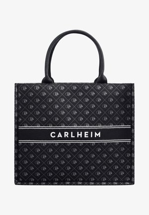 Sort rektangulær mulepose med struktureret mønster, korte håndtag og "CARLHEIM" tekst i hvid på en horisontal stribe tværs over midten.