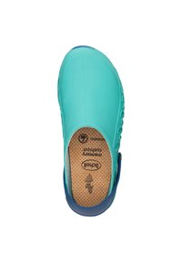 Sabot de couleur aqua avec une sangle de talon bleue, présentant une semelle intérieure texturée et un extérieur lisse. Fabriqué en matériau léger et flexible.