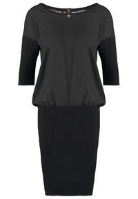 Schwarzes Kleid mit lockerem Oberteil mit Dreiviertelärmeln, geraffter Taille und tailliertem Bleistiftrock. Weicher, leichter Stoff.