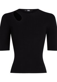 Svart ribbad stickad topp med korta ärmar, med en unik utskärning på vänster axel och en diskret logotyp vid nederkanten.