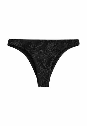 Čierne bikini spodky s paisley vzorom a kovovými detailmi. Majú nízky strih a hladkú textúru látky.