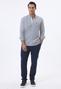 Camisa de botones a rayas en azul y blanco, combinada con pantalones navy y zapatillas grises. Presenta mangas largas y un ajuste casual.