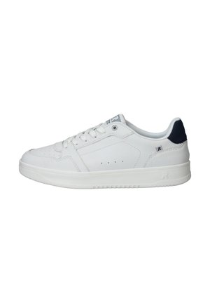 White leather sneaker with a textured finish, lace-up design, perforated side detailing, and a contrasting navy heel accent.