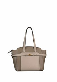 Sac à main en cuir taupe bicolore avec double bandoulière, poche avant et détail fermoir doré.