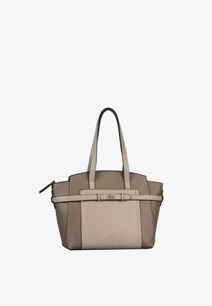 Sac à main en cuir taupe bicolore avec double bandoulière, poche avant et détail fermoir doré.