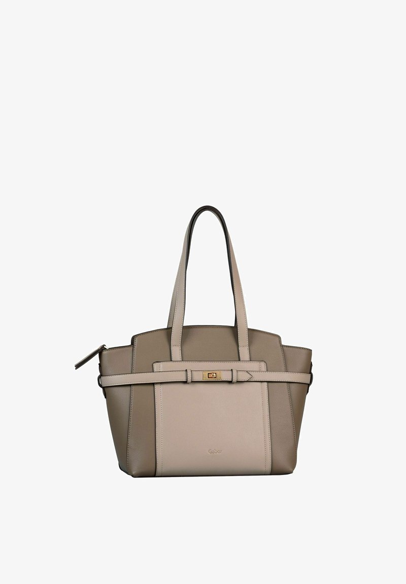 Sac à main en cuir taupe bicolore avec double bandoulière, poche avant et détail fermoir doré.