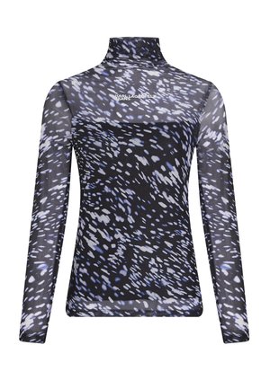 Long-sleeve top in sheer fabric featuring a black base with abstract white and blue patterns, high neck design, and Karl Lagerfeld logo.