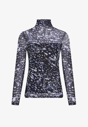 Camiseta de manga larga en tejido transparente con base negra y patrones abstractos en blanco y azul, diseño de cuello alto y logo de Karl Lagerfeld.