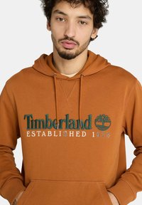 Felpa arancione con logo frontale in testo verde che recita "Timberland ESTABLISHED 1973" e un emblema di un albero, realizzata in tessuto morbido.