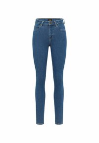 Jeans ajustados de denim azul, con una cintura alta, diseño clásico de cinco bolsillos y detalles de costura a lo largo de las costuras.