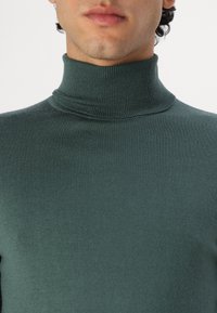 Pull à col roulé vert foncé en tissu tricoté lisse et extensible. Comprend un col montant et une silhouette ajustée. Aucun motif visible.