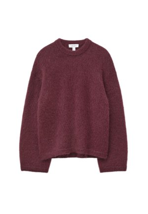 Burgundy fuzzy knit sweater with a crew neck, long sleeves, and a relaxed fit. The texture appears soft and lightweight, suitable for layering.