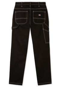 Black cargo pants with double-stitched white accents. Features two back pockets and a side pocket. Made from durable fabric.