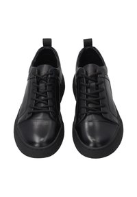 Schwarze Leder-Sneaker mit glatter Oberfläche, runder Zehenpartie, Schnürdesign, gepolstertem Schaft und strukturiertem Gummilaufsohle.