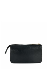 Black zippered pouch made of textured leather, featuring a smooth finish and gold hardware accent. Compact rectangular shape.