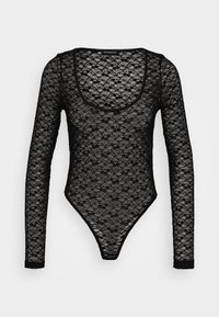 Fekete csipkeborítású bodysuit hosszú ujjakkal, amelynek mély kivágása és testhezálló szabása van. Az anyag virágmintás csipkét és átlátszó textúrát mutat.