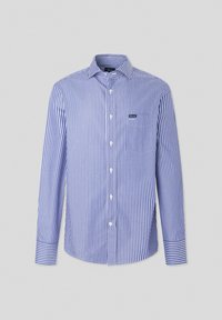 Camicia a maniche lunghe a righe blu e bianche con colletto button-down, dotata di taschino sul petto e logo del marchio sulla tasca.