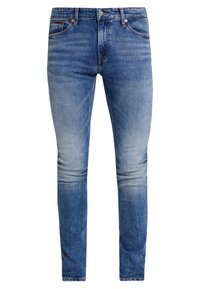 Slim fit blå denimjeans med medel till ljus tvätt, med en klassisk femficksdesign och metalldetaljer.