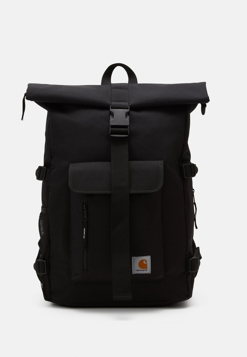 Black backpack with a roll-top design, made of durable fabric. Features a main compartment, front zip pocket, and side mesh pocket.