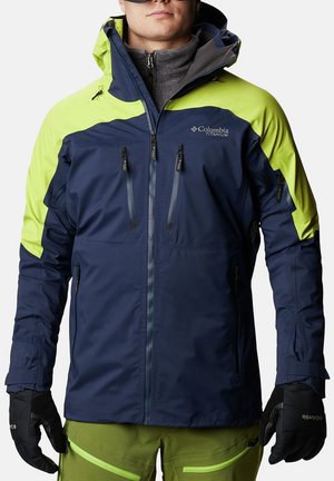 Marineblaue und leuchtend grüne wasserdichte Jacke mit Reißverschluss, mehreren Reißverschlusstaschen und verstellbarem Kapuze. Strukturiertes Material für Wärme.