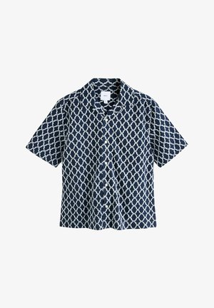 Košeľa s krátkym rukávom z námorníckej tkaniny s geometrickým bielym vzorom, s gombíkovým zapínaním a uvoľneným strihom, so štandardným golierom.