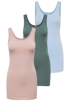 Trois débardeurs sans manches en rose, vert et bleu clair. En coton doux avec une coupe ajustée et un col rond.