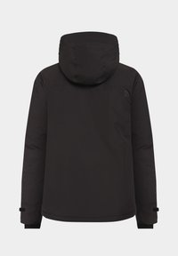 Črna izolirana jakna s kapuco, z gladko teksturo, ravnim krojem in nastavljivimi manšetami. Minimalistična zasnova z logotipom.