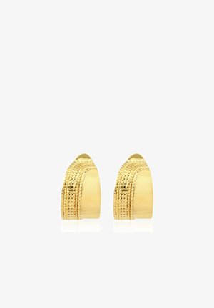 Boucles d’oreilles demi-cercles texturées ton or, finition lisse et polie avec des détails rainurés sur un côté.