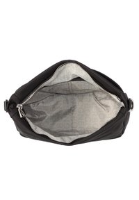 Borsa a tracolla nera in pelle con un ampio apertura, zip argento e interno grigio con motivo logo ripetuto. Texture morbida e design aerodinamico.