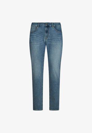 Jeans in denim blu con una vestibilità slim, vita media, design a cinque tasche e leggere sfumature davanti. Dettagli di cucitura classici.