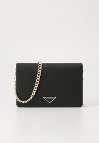 Black synthetic crossbody bag with a gold chain strap, triangular hardware detail on the front, and a smooth textured finish.