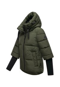 Green padded jacket with a high collar, short sleeves, and ribbed fabric accents on cuffs. Features a zip closure and front pockets.
