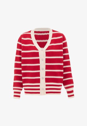 Rood-wit gestreepte gebreide cardigan met een V-hals, lange mouwen en vijf decoratieve knopen aan de voorkant. Zachte textuur, relaxte pasvorm.