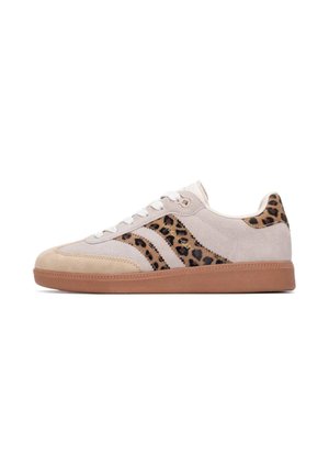 Sneakers featuring light beige suede material with leopard print accents, white laces, and a beige rubber outsole. Retro design profile.