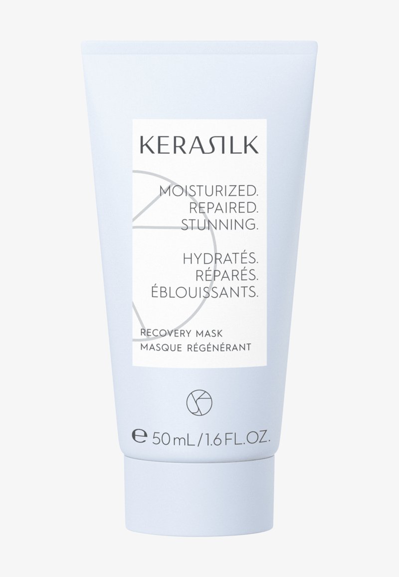 Tube de masque Kerasilk Recovery, bleu clair, étiqueté "Hydraté. Réparé. Époustouflant." en anglais et en français, capacité 50 ml/1,6 fl. oz.