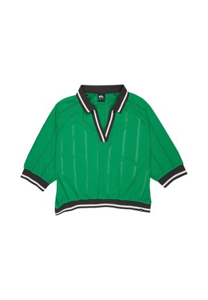 Zielony pulower z czarno-białym paskowanym kołnierzem, krótkimi rękawami i pionowymi detalami na fakturowanej dzianinie.