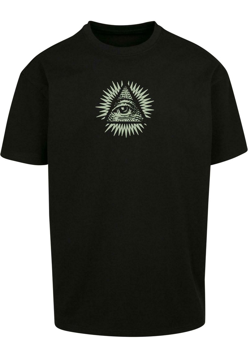 Sort bomulds T-shirt med et grønt grafisk design af et øje inden i en trekant, omgivet af strålende linjer. Korte ærmer og rund hals.
