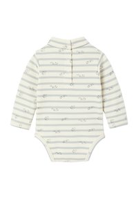 Baumwoll-Body mit langen Ärmeln in einem hellbeigen Grundton, grauen Streifen und kleinen Eichhörnchen-Mustern. Verfügt über einen Kragen und Knopfverschlüsse.