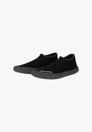 Black slip-on shoes made of neoprene with a textured black upper and gray rubber sole, featuring subtle Billabong branding.